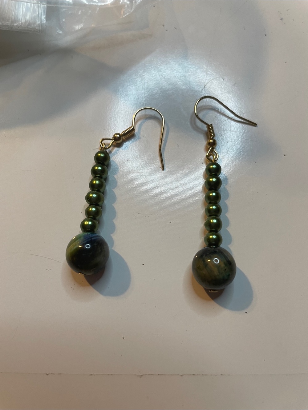 Green Pearl Drop Earrings with Marbled Bead - Women Jewelry